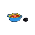 Spilla smaltata a forma di pentola blu cartoon con rana e chiusura in gomma nera - Pentola di Stufato Blu