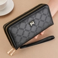 Detail of black double zipper long wallet with geometric embossing and gold H ornament - Black