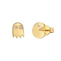 Set di orecchini Pac-Man e Fantasma in oro lucido con accenti in zircone bianco - Orecchini a lobo Pac-Man asimmetrici dorati 24K (J0161-GG)
