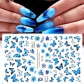 Detail of adhesive nail stickers with blue hand-painted flowers and butterflies - Blue Series Butterfly And Flowers (F679)