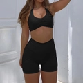 Women's two-piece black halter yoga set with sports bra and high-waisted shorts - S / Black