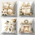 Set van vier kerstkussenhoezen in aquarel met gouden kerstballen en kransontwerpen - Gouden Kerstballen/Krans Set