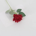 Elegant single red artificial velvet rose with green leaves on a white background - Velvet Small Corner Rose Dark Red
