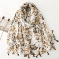 National style ginkgo leaf print cotton linen scarf with elegant tassels for women - White Base Brown Grey Ginkgo Leaves (SL2408-018)