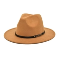 Close-up of a camel fedora hat featuring a classic black leather band and metal buckle - M (56-58cm) / Camel