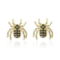 Detailed view of gold spider earrings with black zircon stones on white background - Gold-Spider-Black
