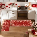 Detail of red Valentine's kitchen mat set with 'LOVE grows here' text and heart patterns - 50cmx80cm / Pure Red Heart Branch LOVE Style