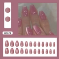 Uñas postizas ojo de gato rosa empolvado con purpurina fina, set de 24 piezas largas - 24 Piezas (Con Pegamento) / Estilo Ojo de Gato Rosa con Brillo (W1674)