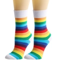 Detailed view of rainbow striped crew socks with contrast white toe and heel accents - One Size / White Trim