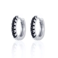 Close-up of silver huggie hoop earrings with micro-paved black stones and mirror reflection - Silver With Black Zirconia