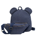 Set zaino in denim blu con orecchie tonde e marsupio coordinato per donna alla moda - Set da 2 Pezzi (Zaino + Marsupio) / Blu navy