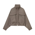 Giacca bomber marrone a spina di pesce con collo alto e tasche anteriori - XS / Cammello
