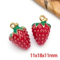 Pair of strawberry shaped charms in red and green enamel with golden finish, 11x18mm - Red 3D Strawberry-XL