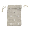 Linen drawstring gift pouch with white daisy print and natural cotton cord closure - 10*14cm / White Chrysanthemum