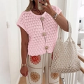 Cardigan rosa a maniche corte in maglia traforata con bottoni dorati a girasole - S / Rosa