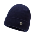 Dark blue ribbed knit beanie with a silver metal shield logo and fold-over cuff design - Navy Blue