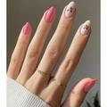 Pink and strawberry pattern almond press-on nails set shown on a hand with gold rings - Glue Style (U-207)