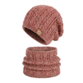 Winter knit hat and neck warmer set in red and white marl with thick faux fleece lining - 2-Piece Set (Hat + Scarf) / Mixed Color Red