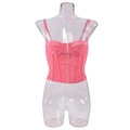 Close-up of pink lace corset top showing metal hook-and-eye closure and boning detail - S / Rose Red