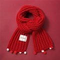 Red knit Christmas scarf with white pom-poms and thick cable stitch texture - Red Pom Pom Butterfly
