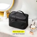 Portable black mesh single layer toiletry bag with top handle and double zipper closure - Single Layer / Black