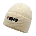Cream white knitted beanie with FBXS embroidery for autumn and winter outdoor warmth - One Size / Off White