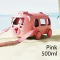 Pink cartoon bear bus straw water bottle with adjustable strap on a sunny summer beach - PC Material / Pink Bus (500ml)
