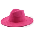 Close-up of fuchsia suede fedora featuring a wide flat brim and matching ribbon band - M (56-58cm) / Suede Heart Rose Red