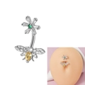 Silver belly button ring with green flower and yellow bee zircon charms on a curved bar - Silver-Bee Flower