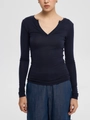 Detailed view of dark blue V-neck slim fit long sleeve knitted tee for women - XS / Navy Blue