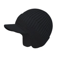 Detail of black winter knit hat featuring a protective brim and warm ear flaps design - With Brim Style-Unlined / Black