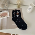 Cute black cotton crew socks with colorful polka dots and embroidered cartoon bears - One Size / Black