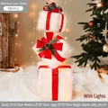 Three-piece set of white snowy lighted Christmas gift boxes with red ribbons and pinecones - Type B/White Plush With Lights 3PCS Set