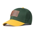 Detail of the green baseball cap with yellow brim and brown leather US flag patch - Adjustable / Dark Green+Bright Yellow