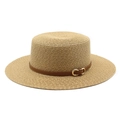 Close-up of woven straw hat featuring a brown leather band and gold horse-bit buckle detail - M (56-58cm) / Khaki