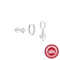Set di tre orecchini in argento 925 con perni in zircone e cerchi con perle naturali - Stile 3 (Pendaglio di Perla + Cerchio Pavé + Lobo a 4 Griffe) / Oro Bianco