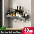Gunmetal grey wall-mounted kitchen spice rack 40cm with 5 hooks and sleek finish - Gun Grey Rack 40cm - Single Layer 5 Hooks