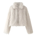 White faux fur short jacket with long sleeves and soft plush texture on white background - S / Off White