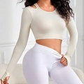 Top da yoga a coste off-white con maniche lunghe, dettaglio cut-out e asole per i pollici - S / Bianco Sporco