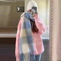 Blue white and gray plaid rainbow tassel scarf paired with a pink letter sweater - Blue White Gray Fringe Check