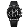 Men's fashion quartz watch with three-eye chronograph dial and black leather strap - Black Dial Silver Pointer Black Case