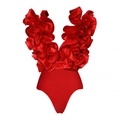 Red deep V-neck swimsuit bodysuit featuring elegant ruffle trim and satin finish - Red Swimsuit
