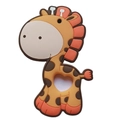 Close-up of a yellow giraffe silicone baby teether with a heart-shaped hollow center - Giraffe / Orange