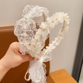 White lace headband for girls with pearls, floral accents and long ribbon streamers - 2-Pack Lace Flower & Flowers on Branches