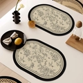 Waterproof cream leather table mat set with vintage black floral and bird patterns - Oval / 1 Piece / French Vintage Style-C