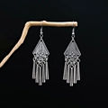 Vintage silver ethnic earrings with metal tassels and flower engraving on wood stand - E4393/Rhombus Carved Tassel