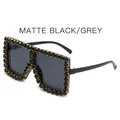 Matte black oversized square sunglasses for women with black rhinestone embellishments - Matte Black Frame Black Grey Lens