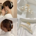 Elegant Korean style pearl hair claw clips for women featuring large beads on white silk - Set 3
