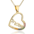 Detail of gold heart pendant with hollow 'mom' script and colorful rainbow gemstones - Rainbow Gemstone Bottom Hollow mom Style (21722)