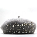 Boina de lana gris oscuro para mujer con perlas elegantes y pedrería brillante - M / Gris
